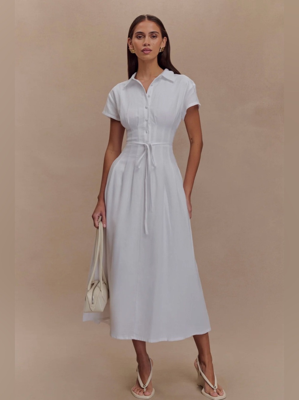 Meshki Aysha Buttoned Linen Midi Dress - White Size L NWT